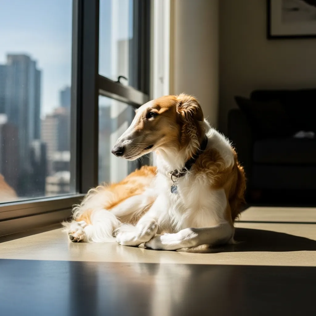 Borzoi dog relaxing in sunlit apartment, looking out window.