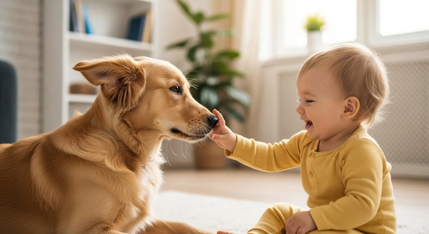 Golden Retriever puppy and toddler interacting gently indoors.
