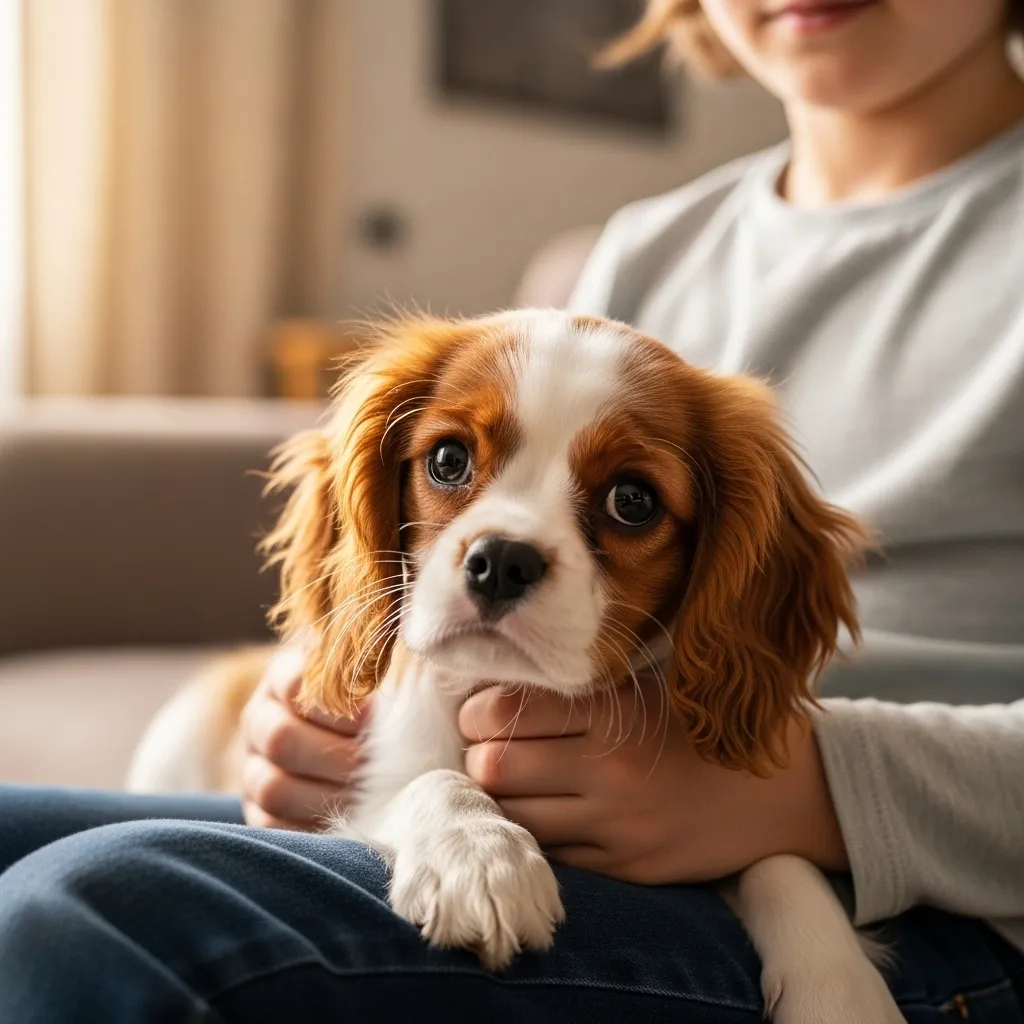 Cavalier King Charles Spaniel puppy and child.