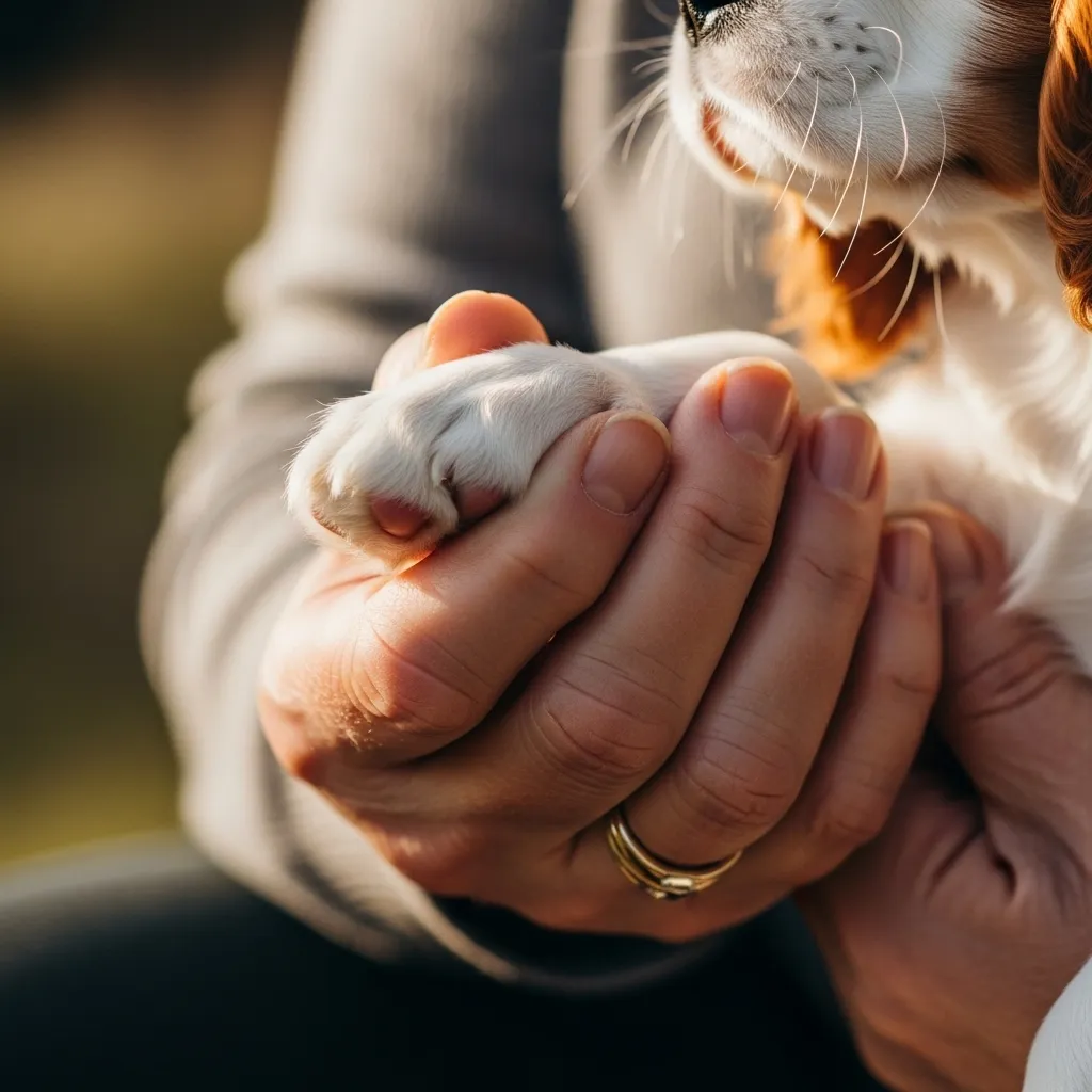 Senior woman and Cavalier puppy share a gentle paw-to-hand moment.