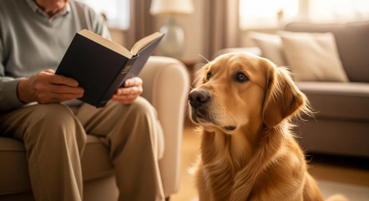 Golden Retriever calmly sits with senior man reading.