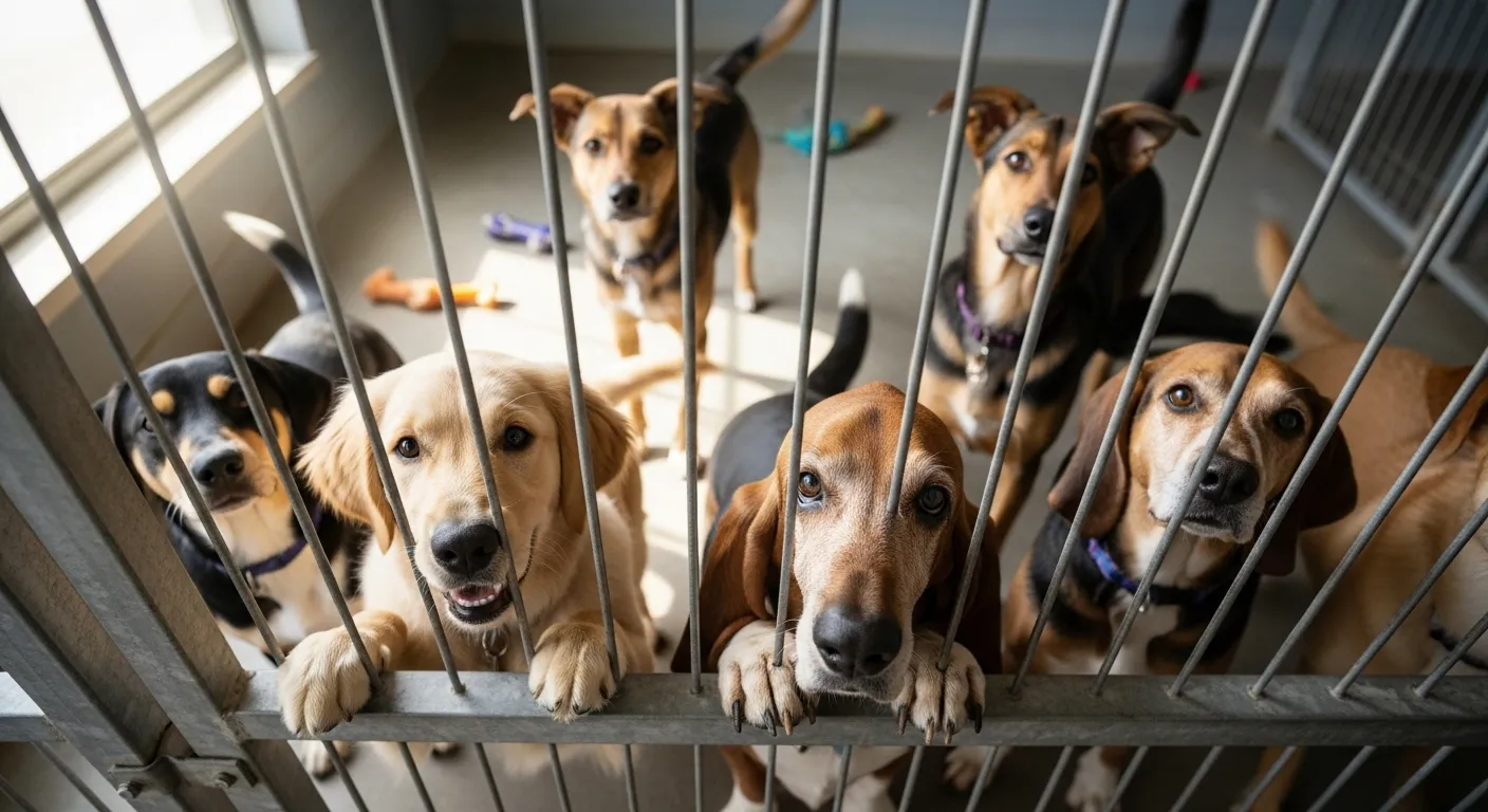 Shelter dogs await adoption.