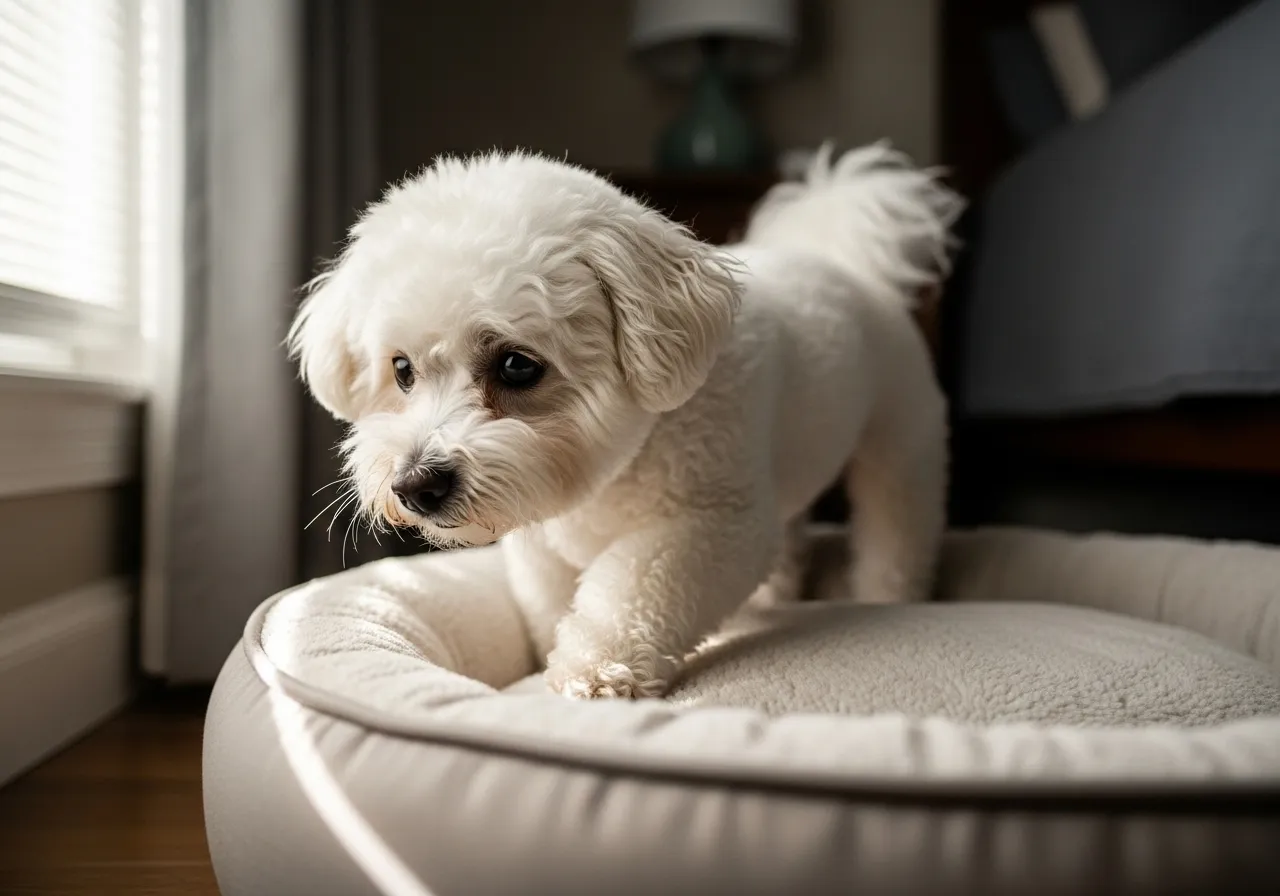 Small dog exploring a new dog bed in a calm setting.