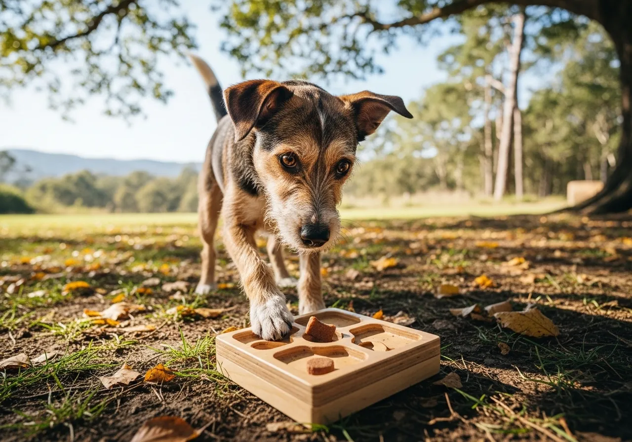 Small dog playing with a puzzle toy.