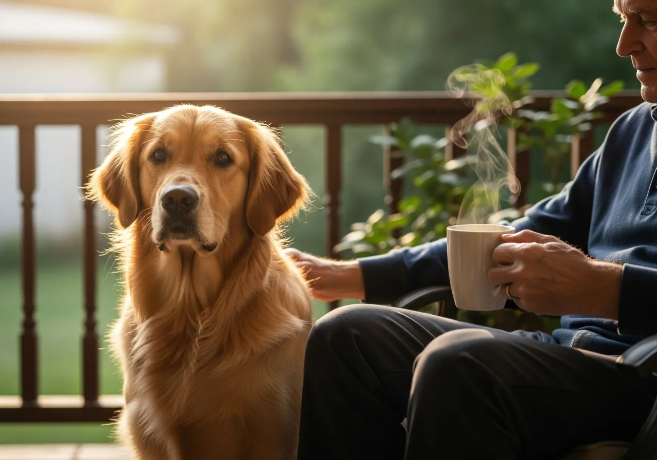 Senior man and Golden Retriever enjoy quiet morning.