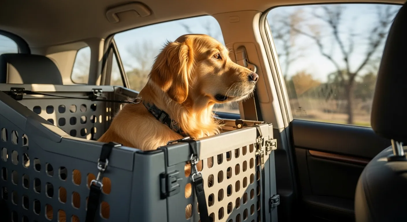 Golden Retriever safely secured in car crate during road trip.