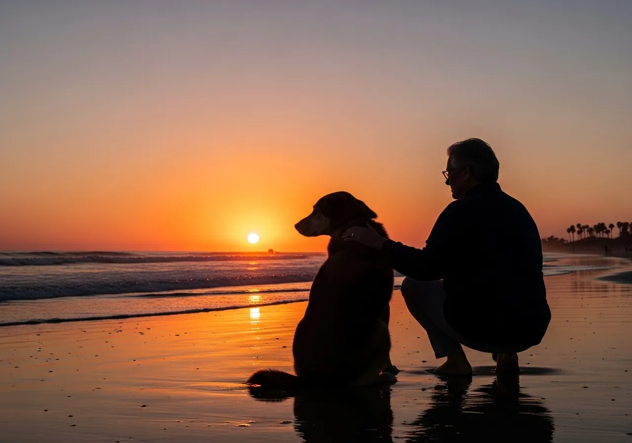 Dog and senior owner silhouette at sunset.