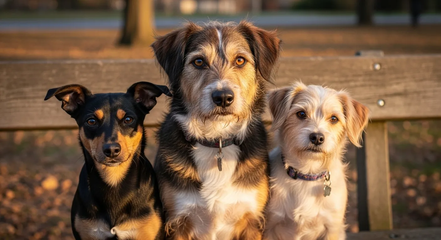 Three mixed-breed dogs on a park bench.
