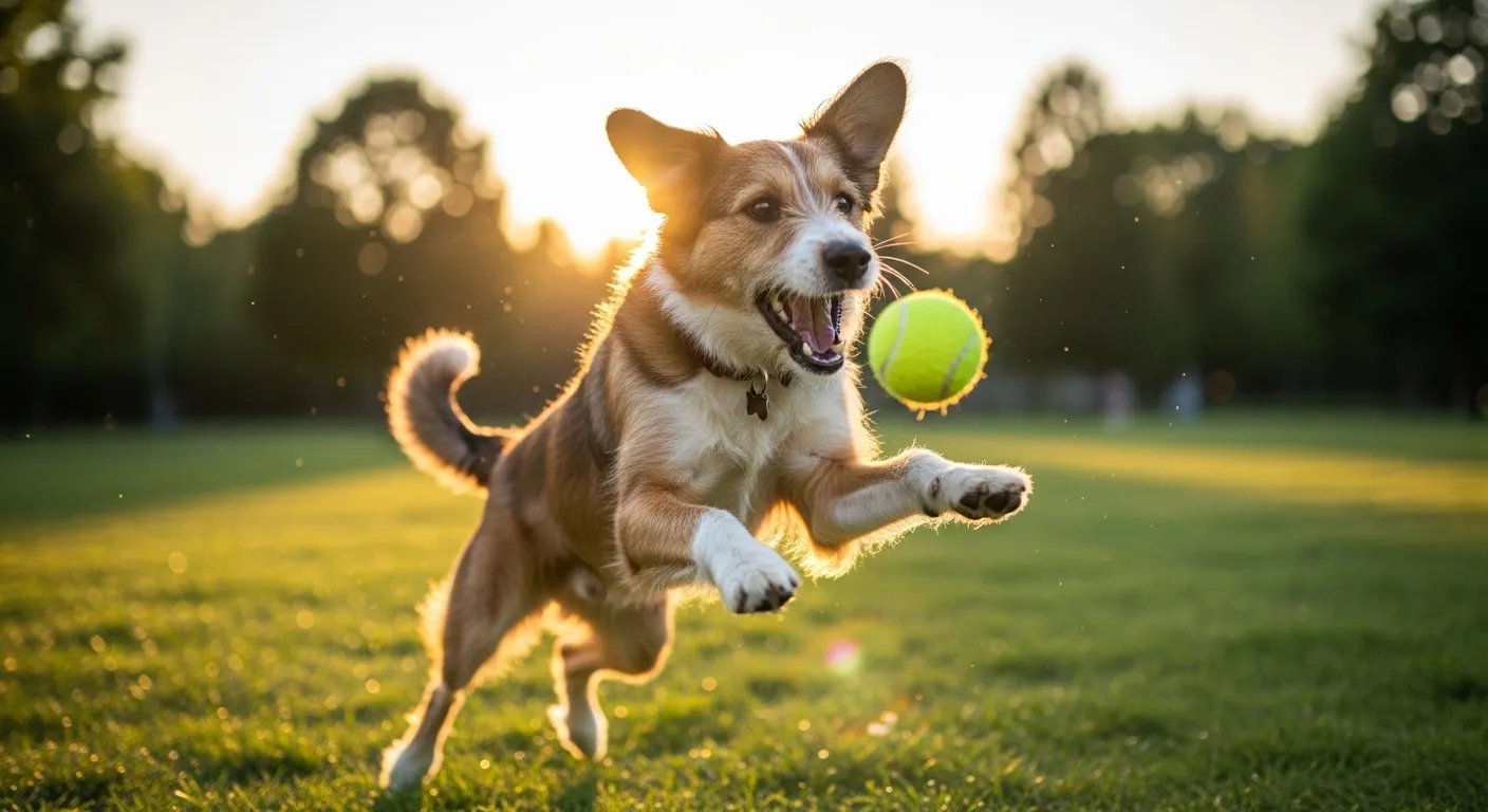 A mixed-breed dog with mismatched ears playing fetch in a park.