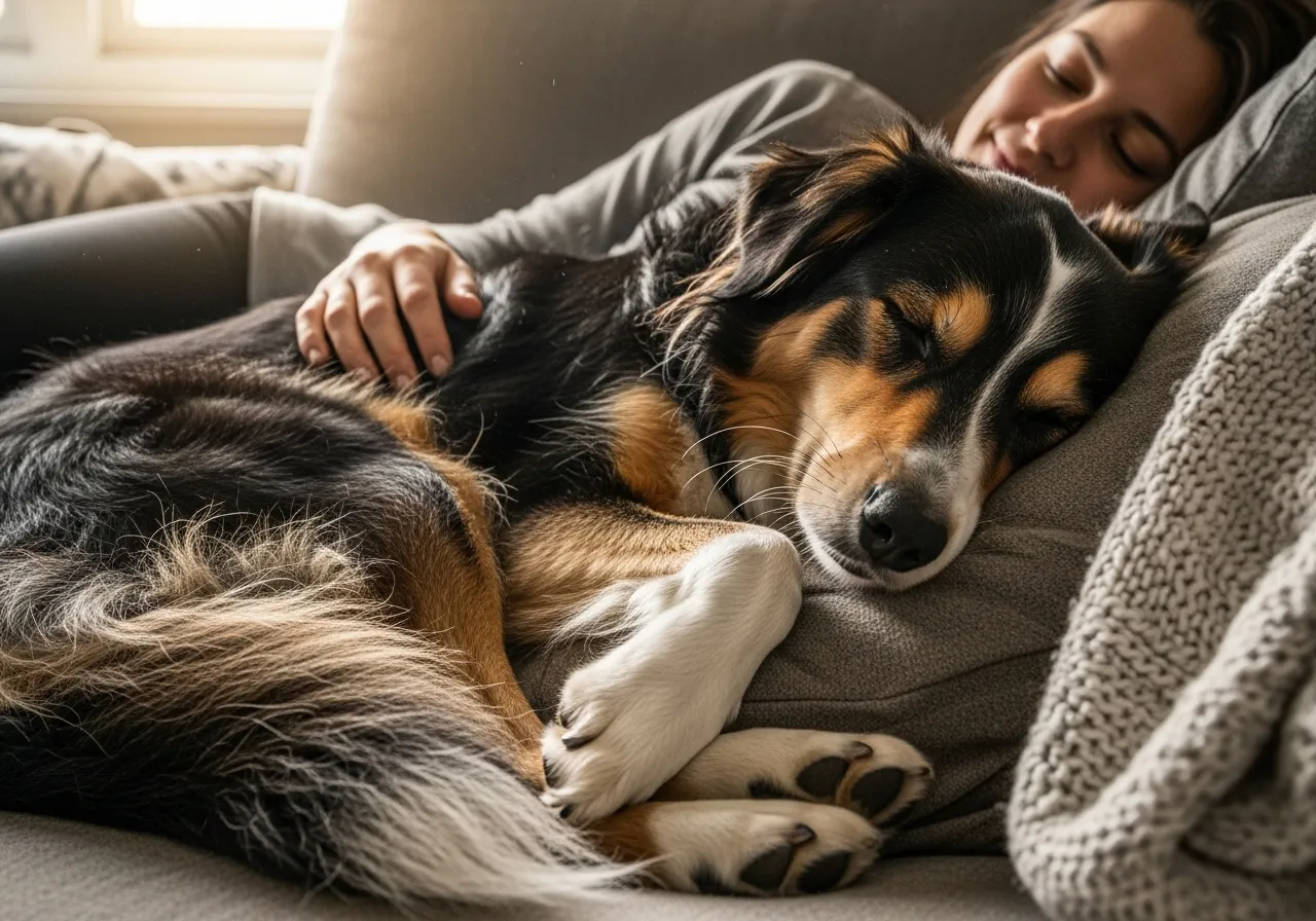 Person and mixed-breed dog relaxing on a couch.