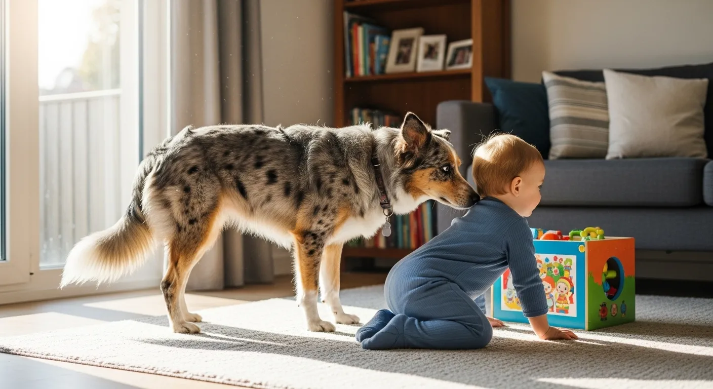 Mixed-breed dog nudging a child, indoors.