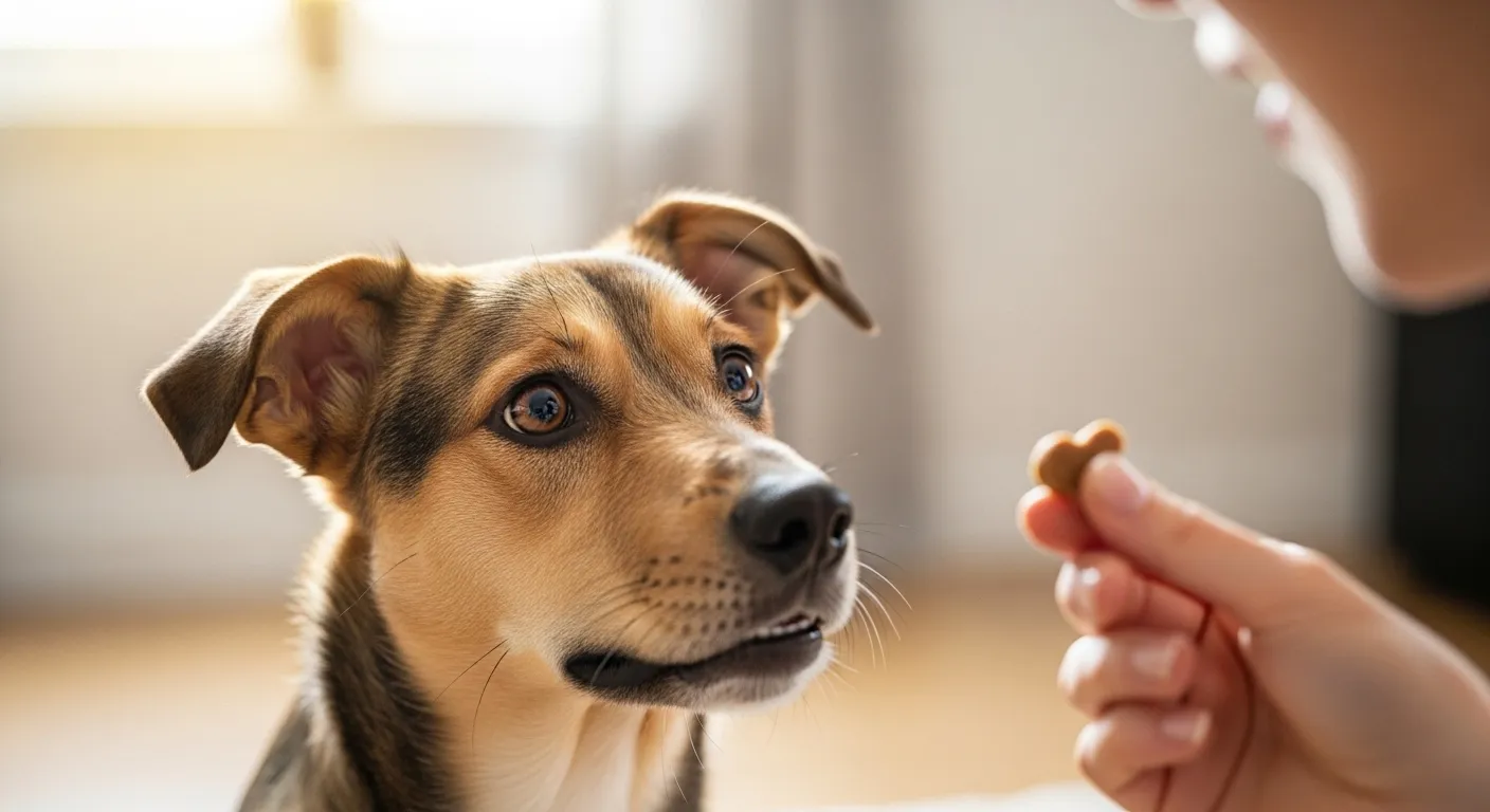 Mixed-breed dog focused on owner during training.