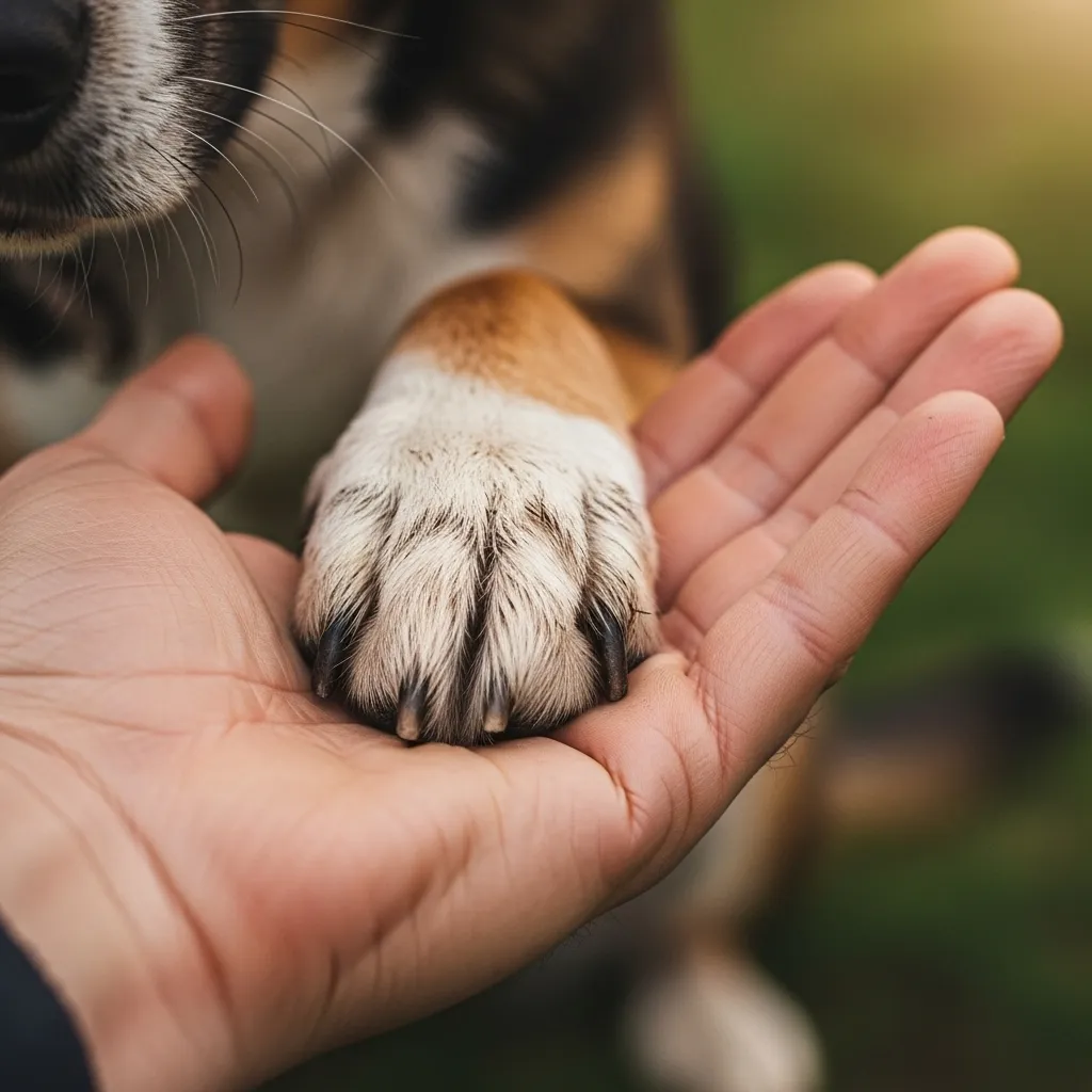 A dog's paw rests on a human hand, symbolizing their bond.