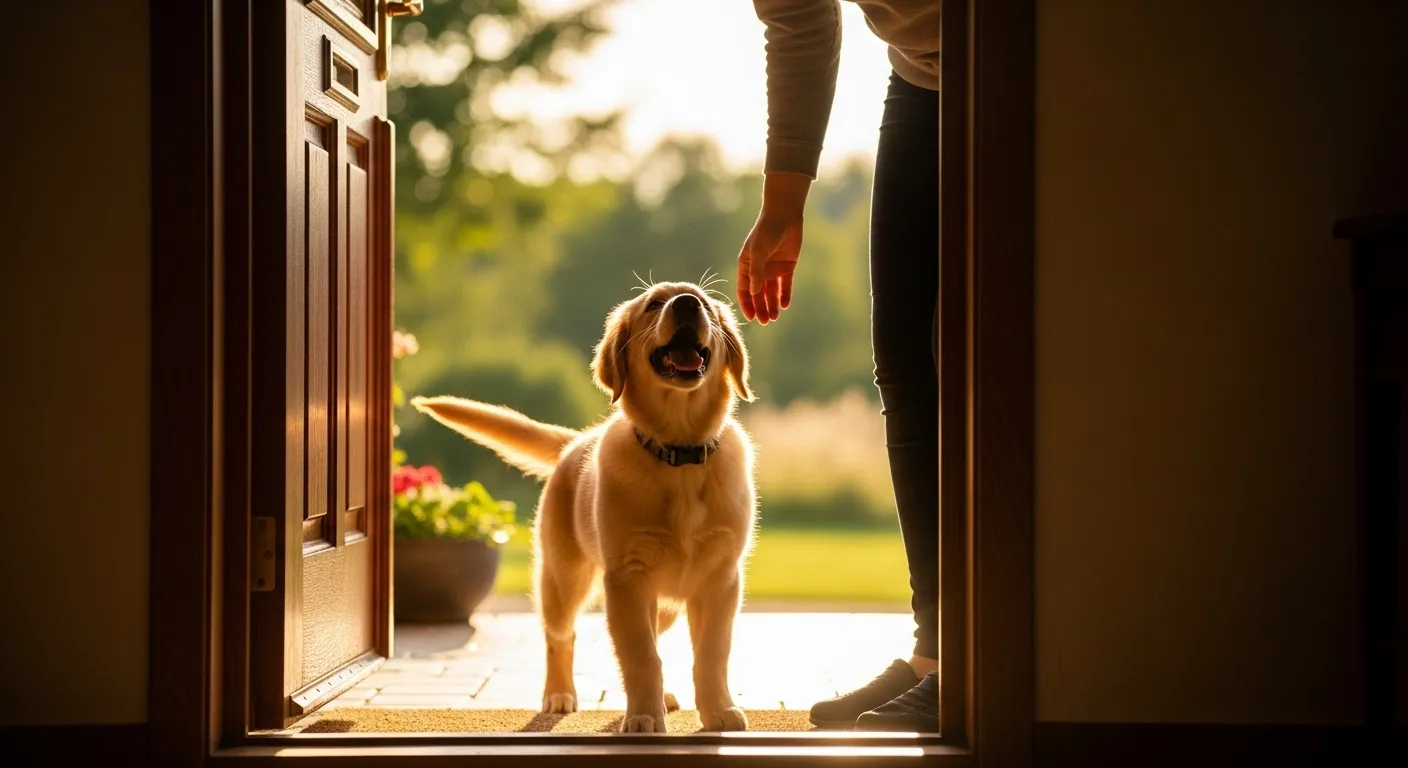 Golden retriever puppy greeting owner.