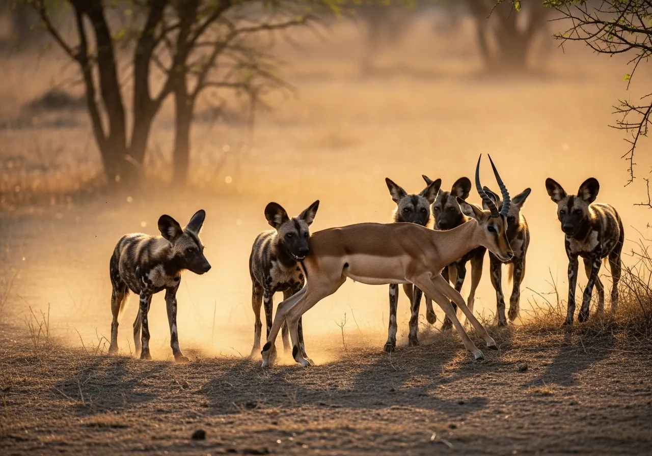 Wild dogs hunting, demonstrating their cooperative pack behavior.