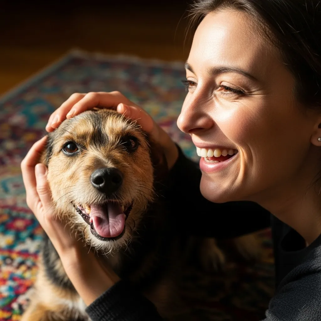 Woman laughing while petting a scruffy terrier mix indoors.