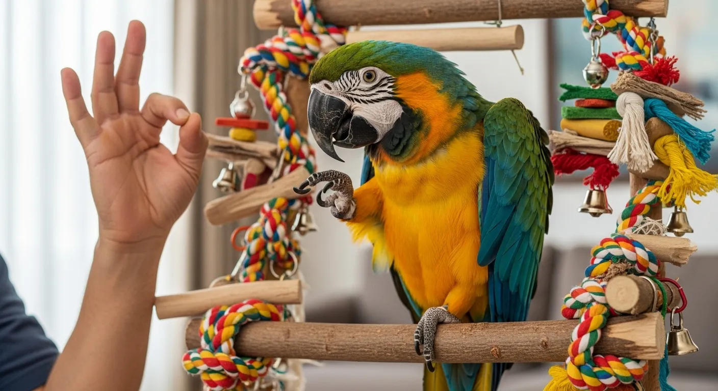 Parrot mimicking human gesture.