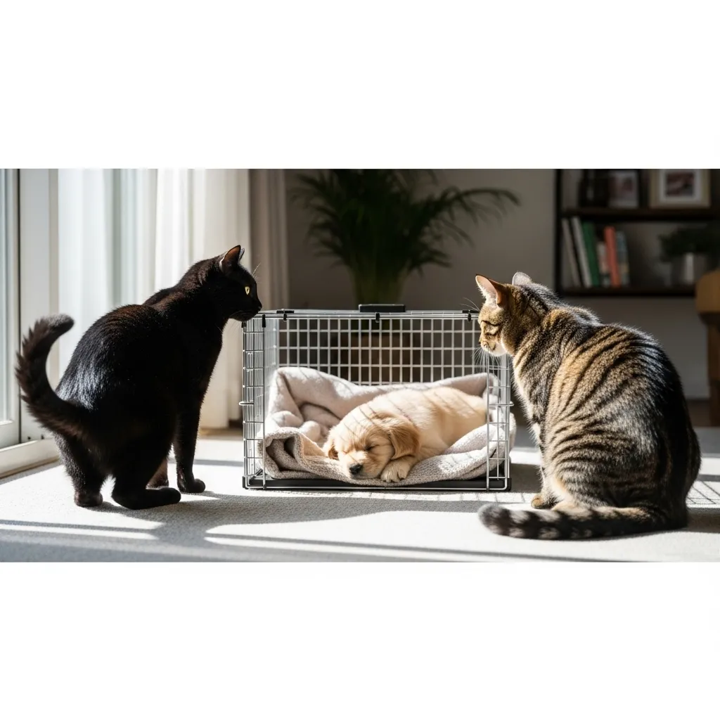 Cats observe a new puppy in a carrier.
