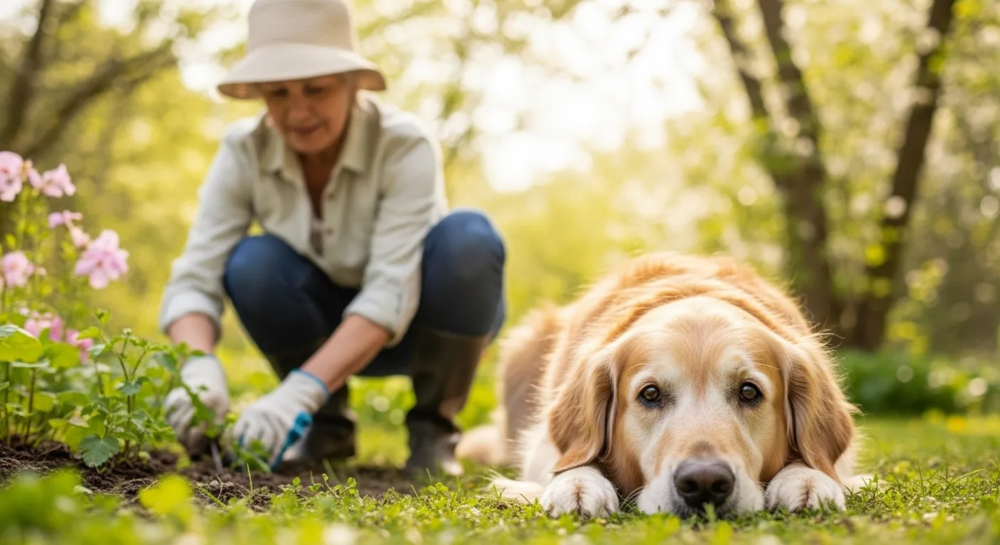 Woman gardening with senior dog companion.