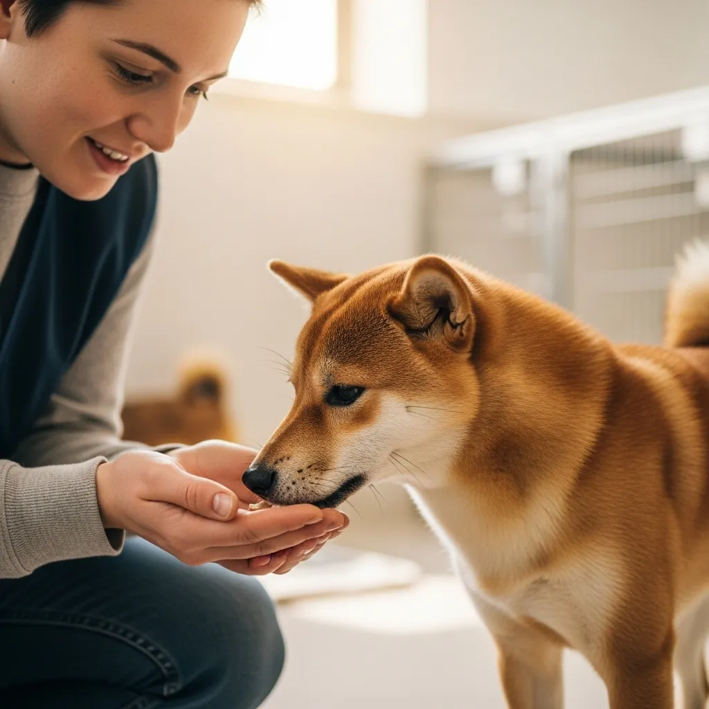 Volunteer softly pets a Shiba Inu at a shelter.