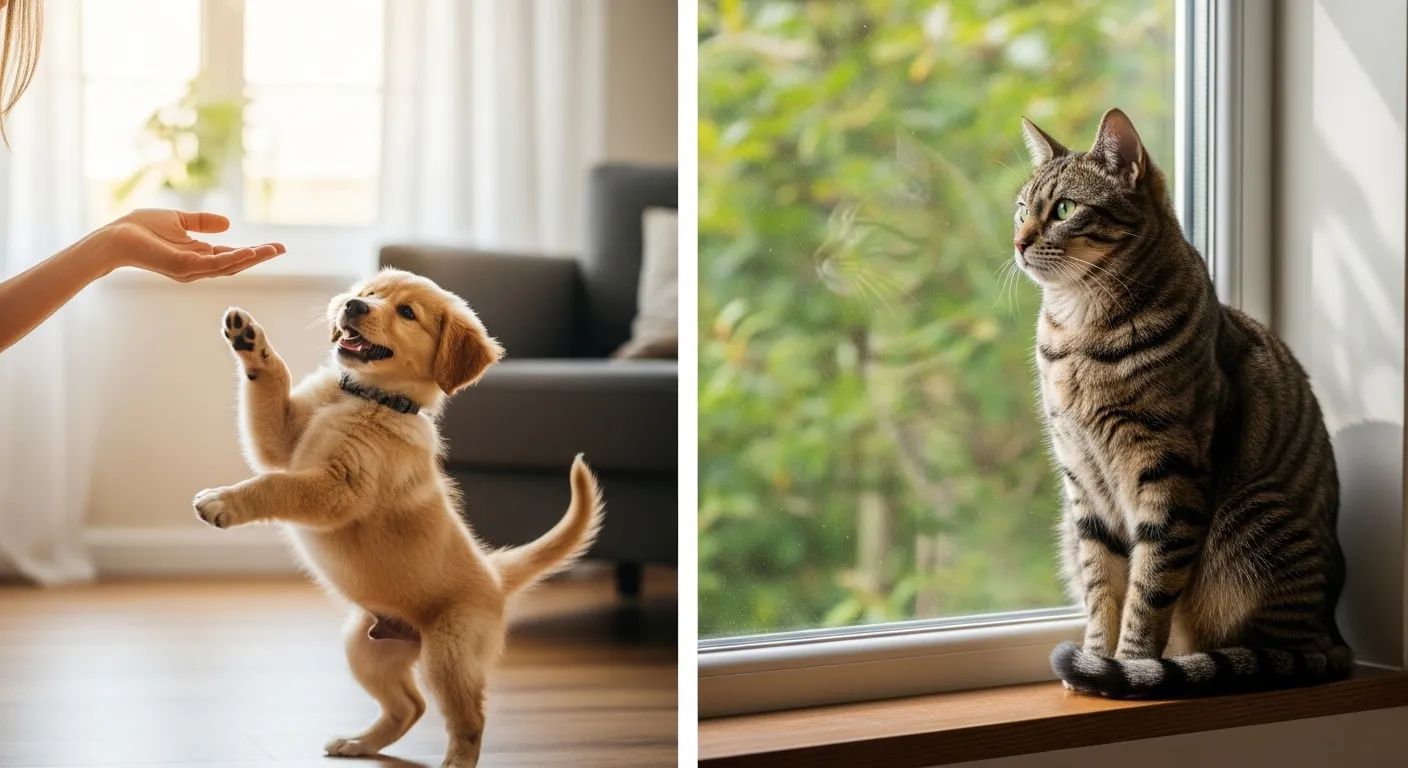Split image: energetic puppy greeting owner vs. calm cat on windowsill.