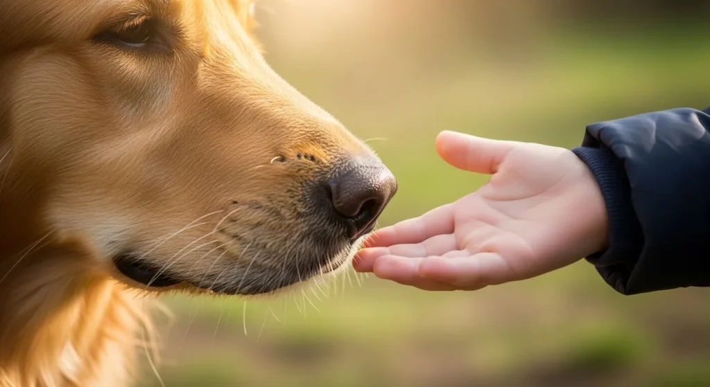 A golden retriever gently nudges a child's hand with its nose.