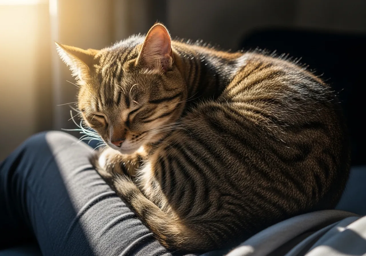 Cat relaxes on a person's lap, basking in sunlight.