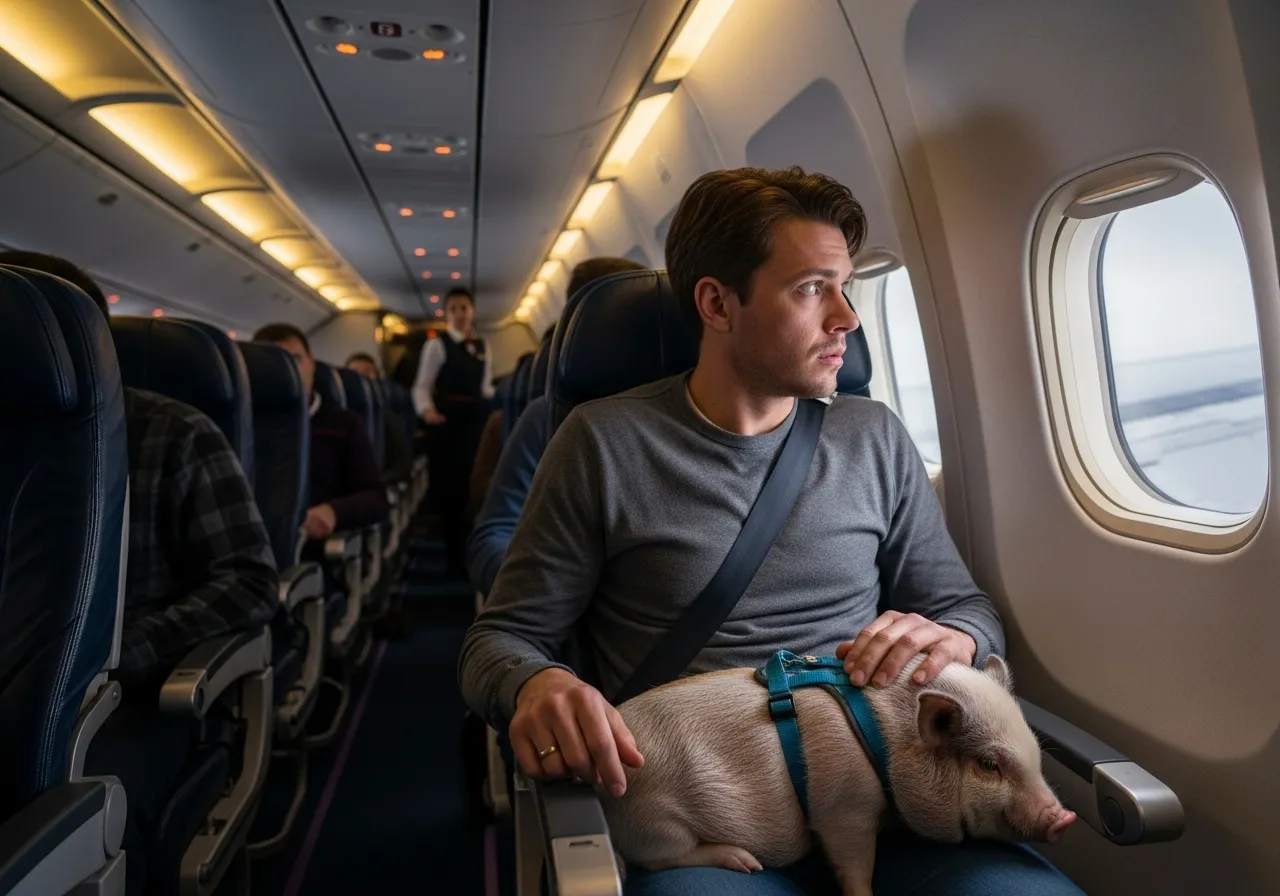 Miniature pot-bellied pig provides comfort to nervous flier.