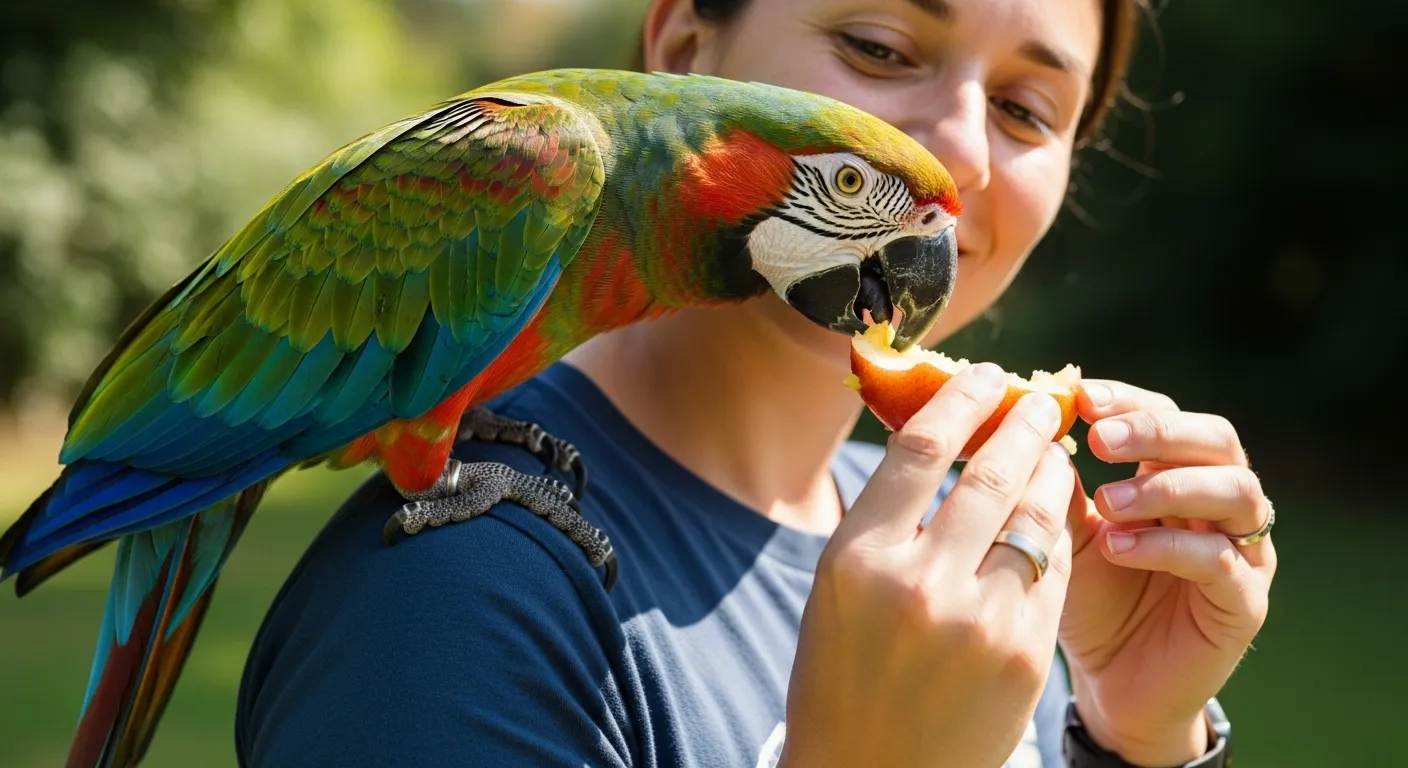 Parrot and owner share a snack outdoors.