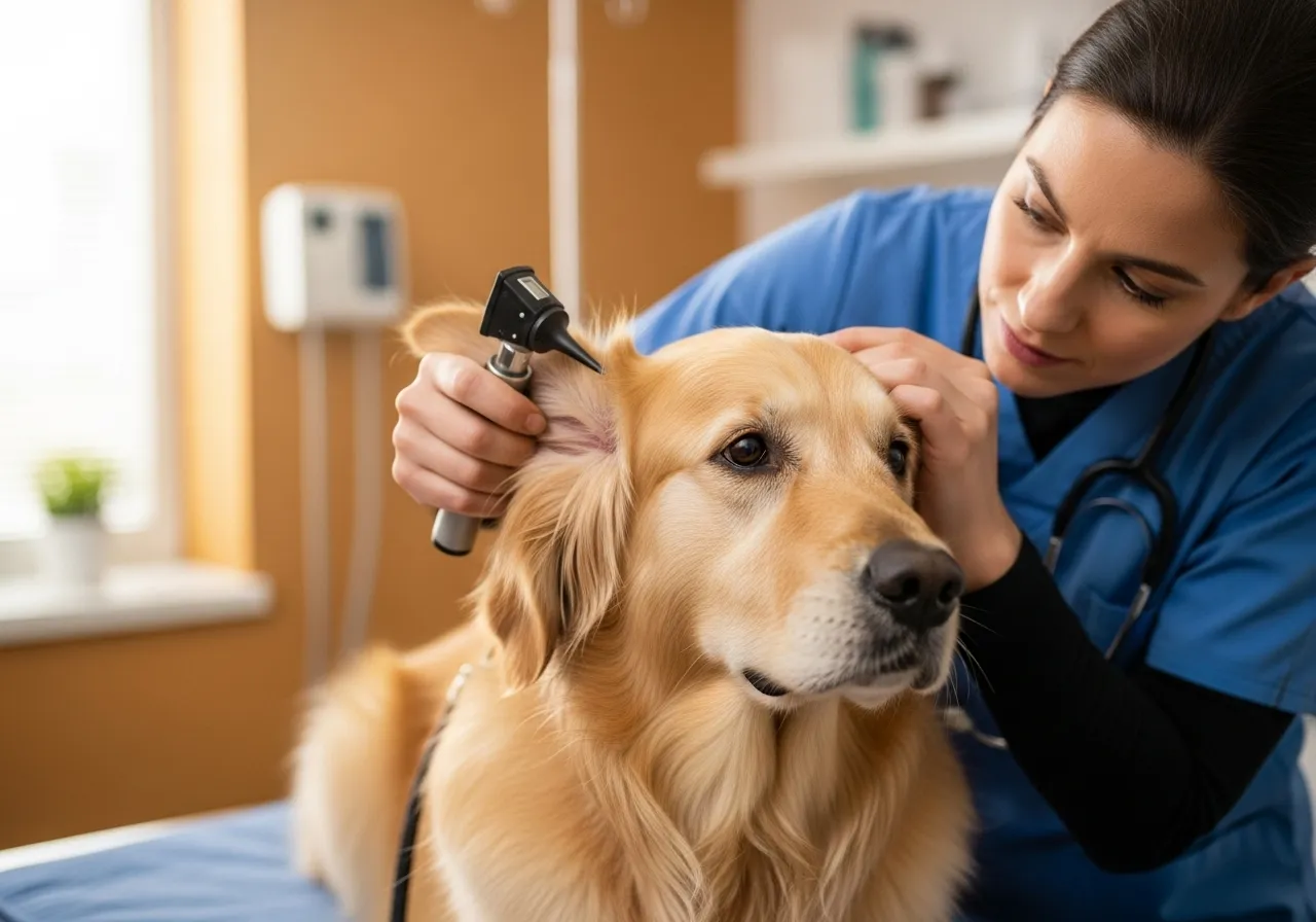 Veterinarian examines Golden Retriever's ears.
