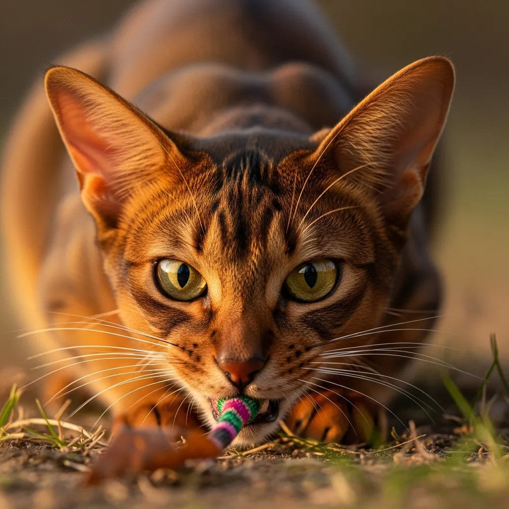 Abyssinian cat retrieving a toy.