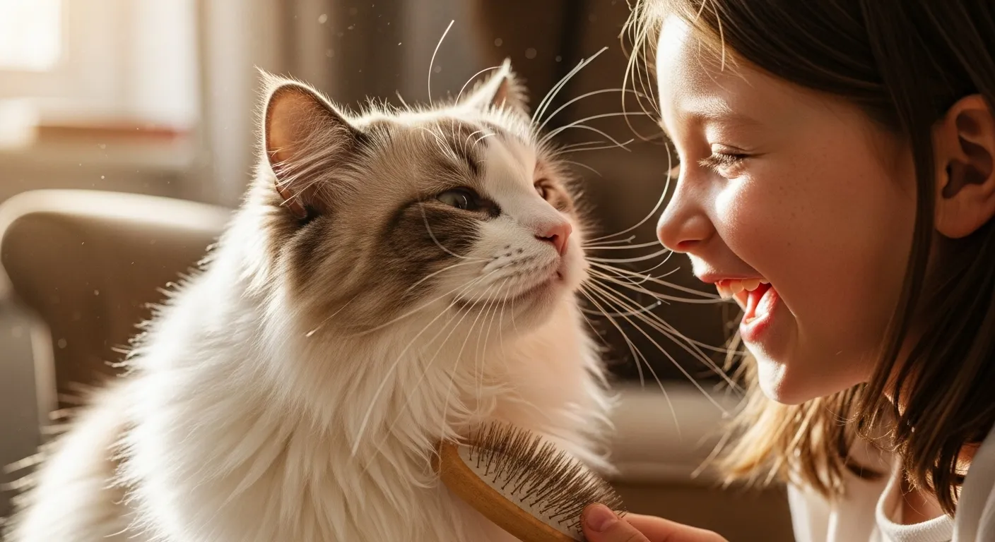 Senior Ragdoll and child bonding during grooming.