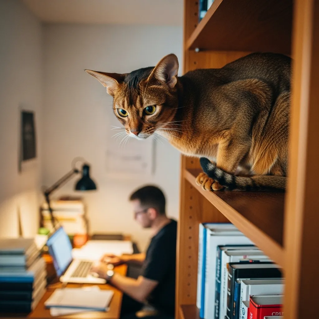 Abyssinian cat observing its owner from a high vantage point.