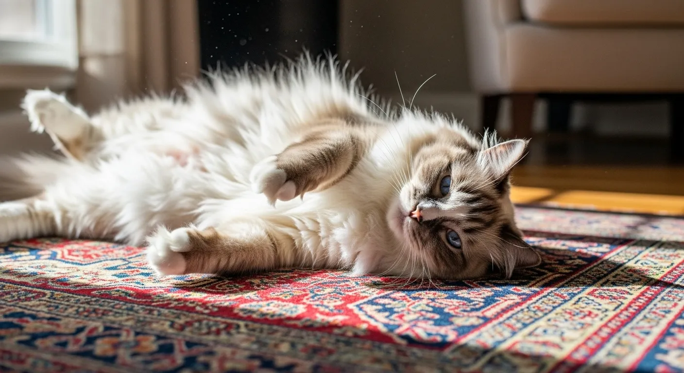Ragdoll cat relaxing on a rug in sunlight.