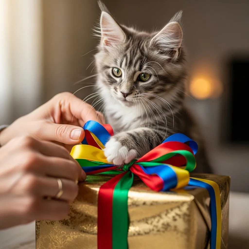 Maine Coon kitten gently pawing at ribbon while adult ties bow on gift