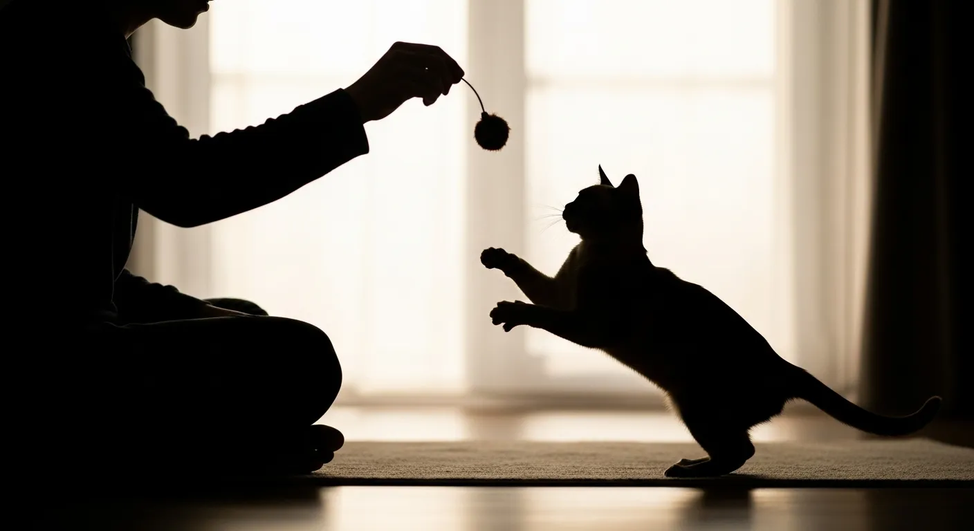 Person and Burmese cat playing fetch, silhouette, playful, energetic.