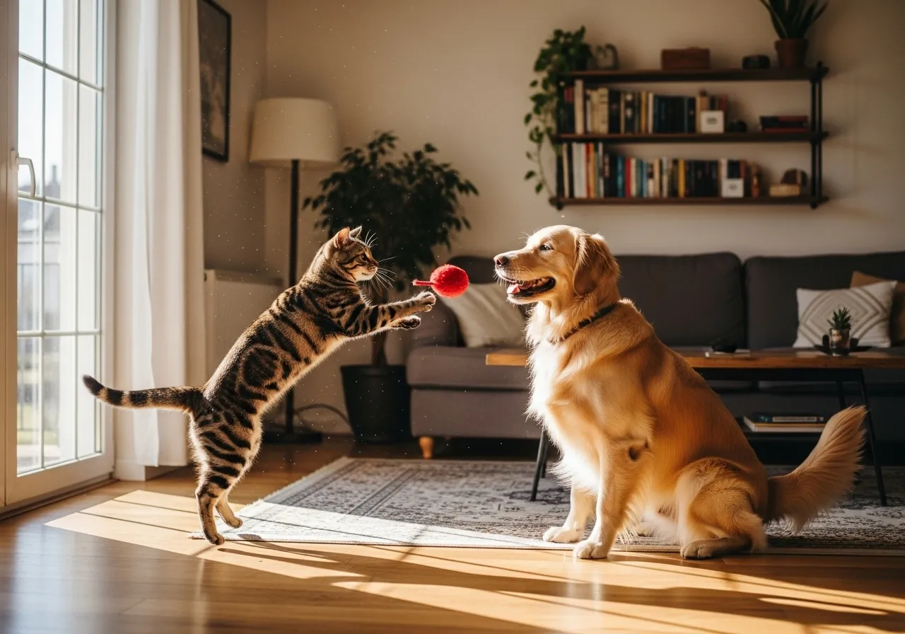 American Bobtail cat and dog playing together.