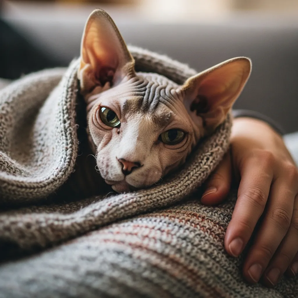 Sphynx cat seeking warmth and affection on a person's lap.