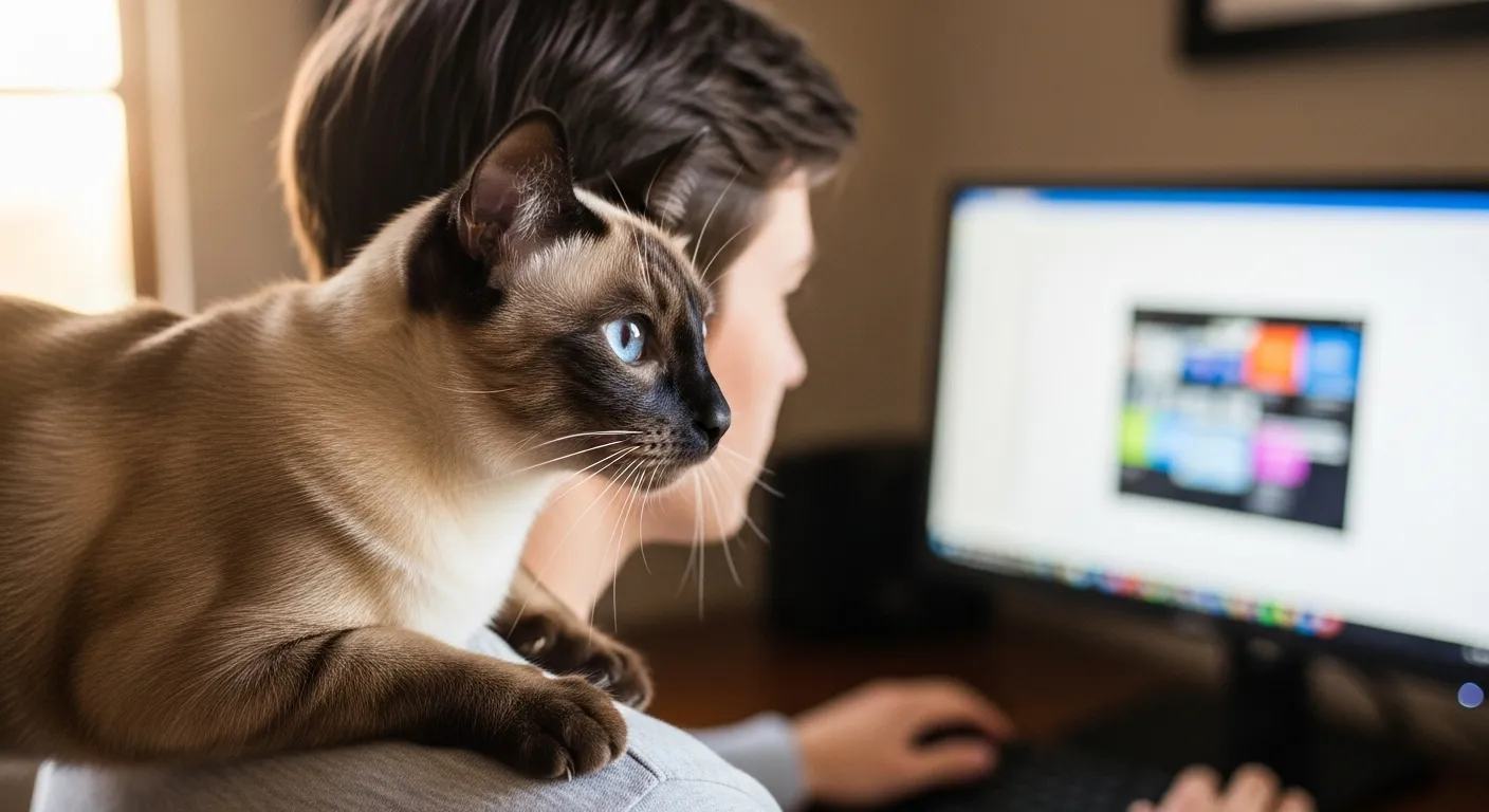Siamese cat perched on a shoulder, watching its owner work.
