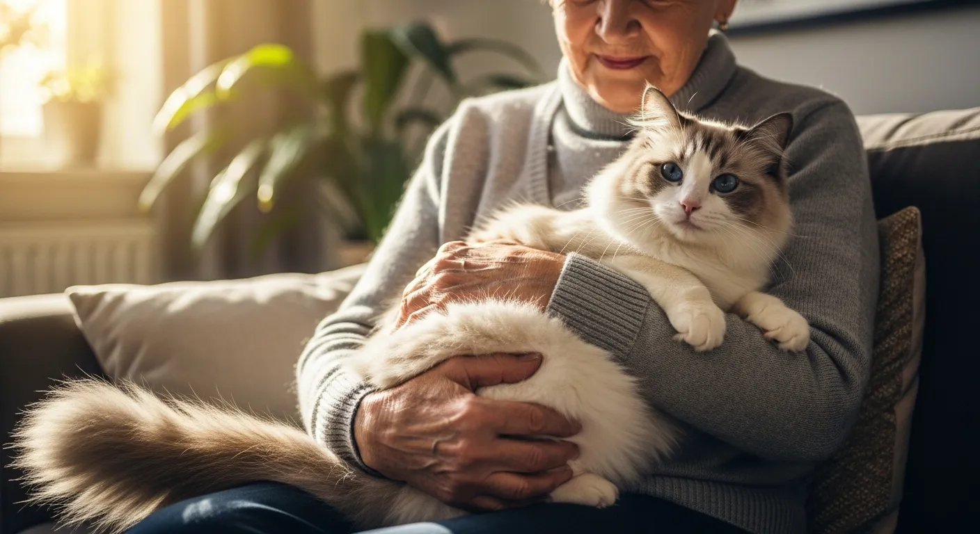 Senior gently holding a Ragdoll cat in a sunlit room.