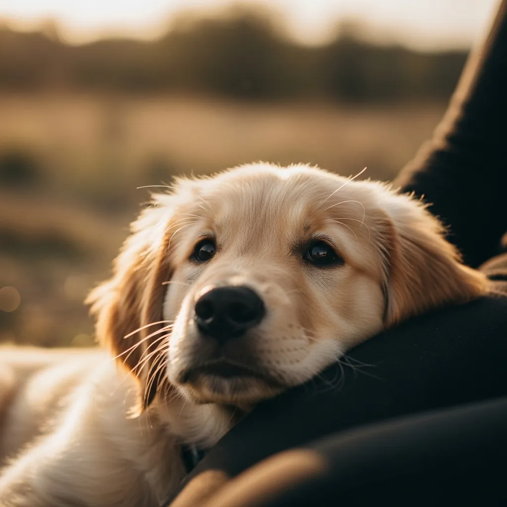Golden retriever puppy resting head on owner's lap.