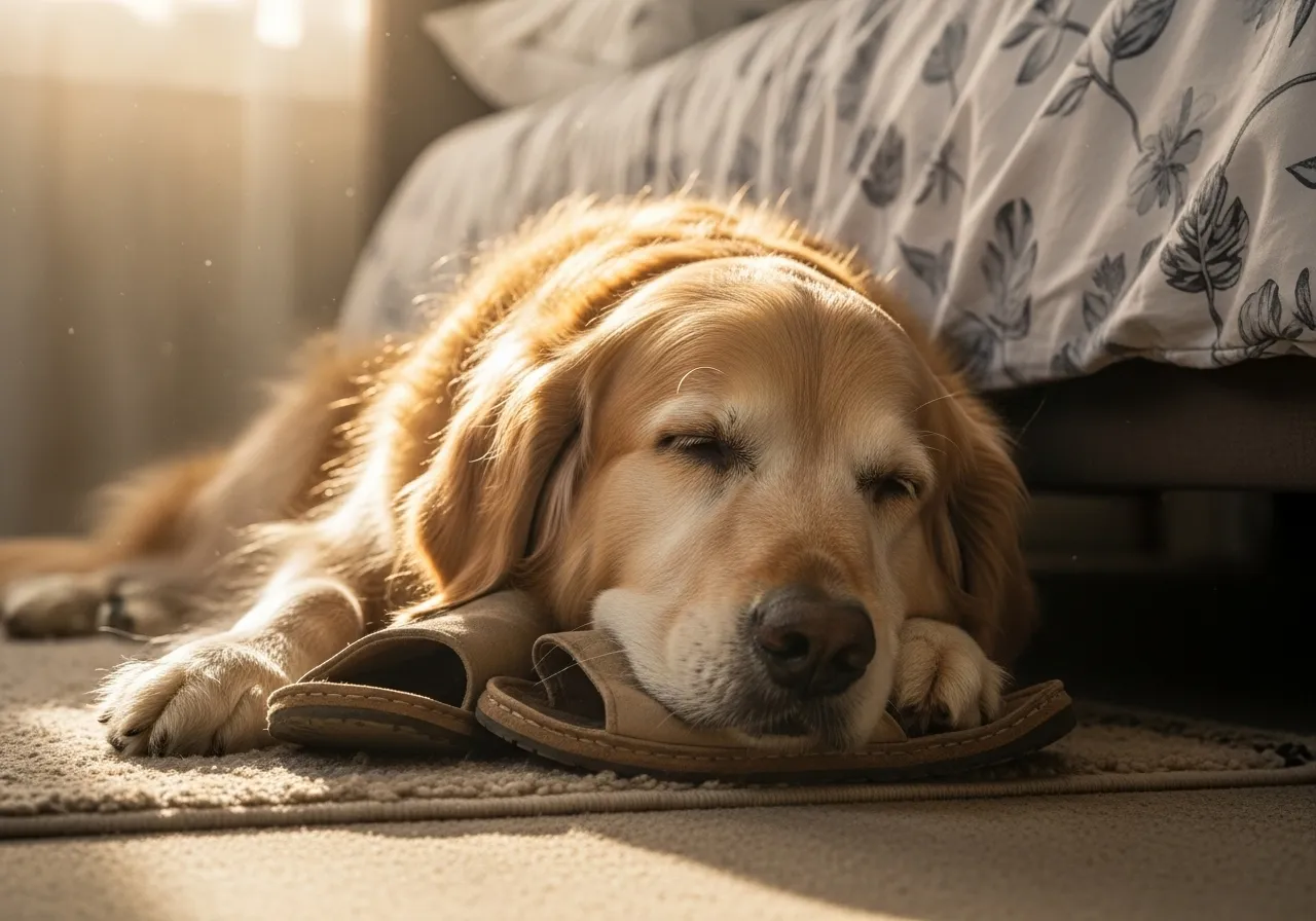 Golden retriever sleeping near owner's slippers.