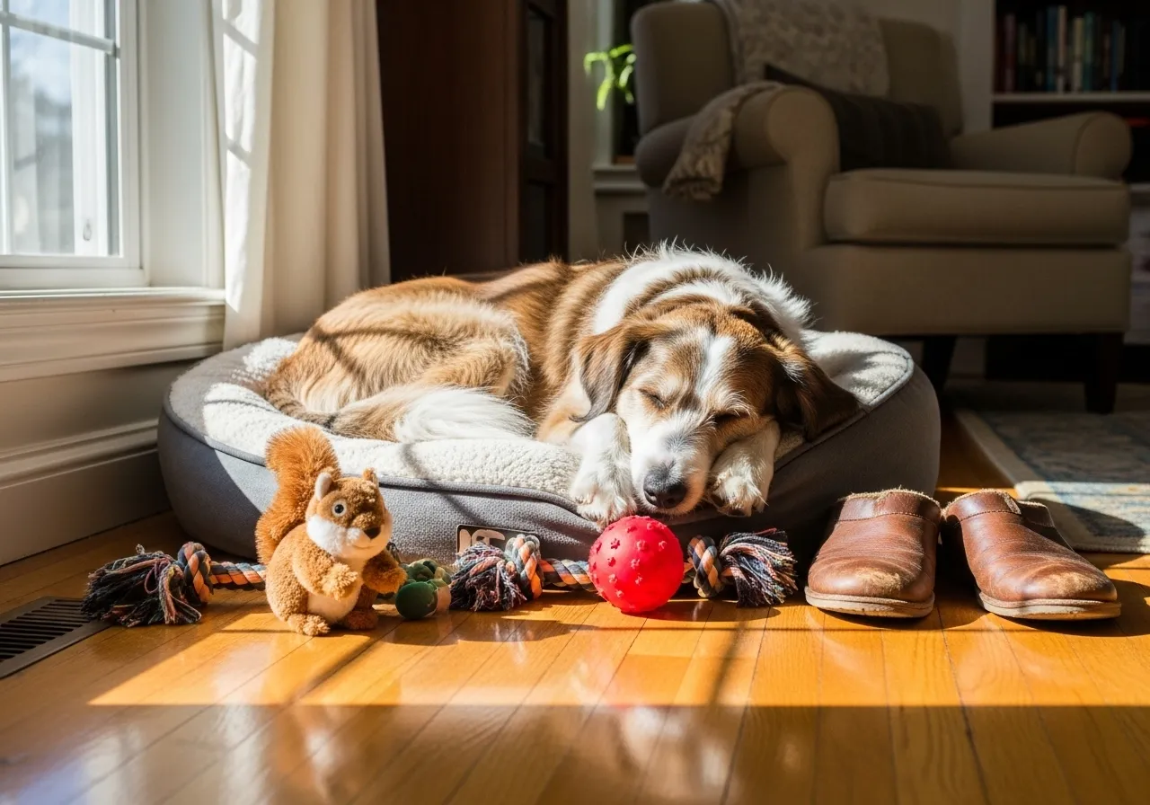 Dog sleeping soundly in dog bed, toys and slippers nearby