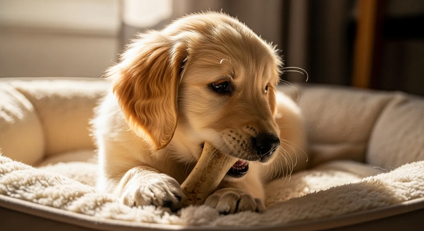 Golden Retriever puppy contentedly chewing a bone in its bed.