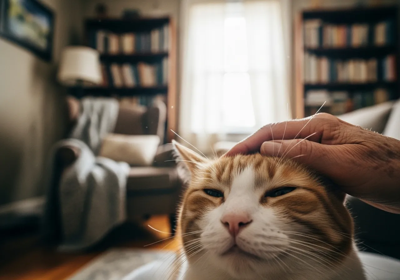 Senior cat being petted, focus on relaxed expression.
