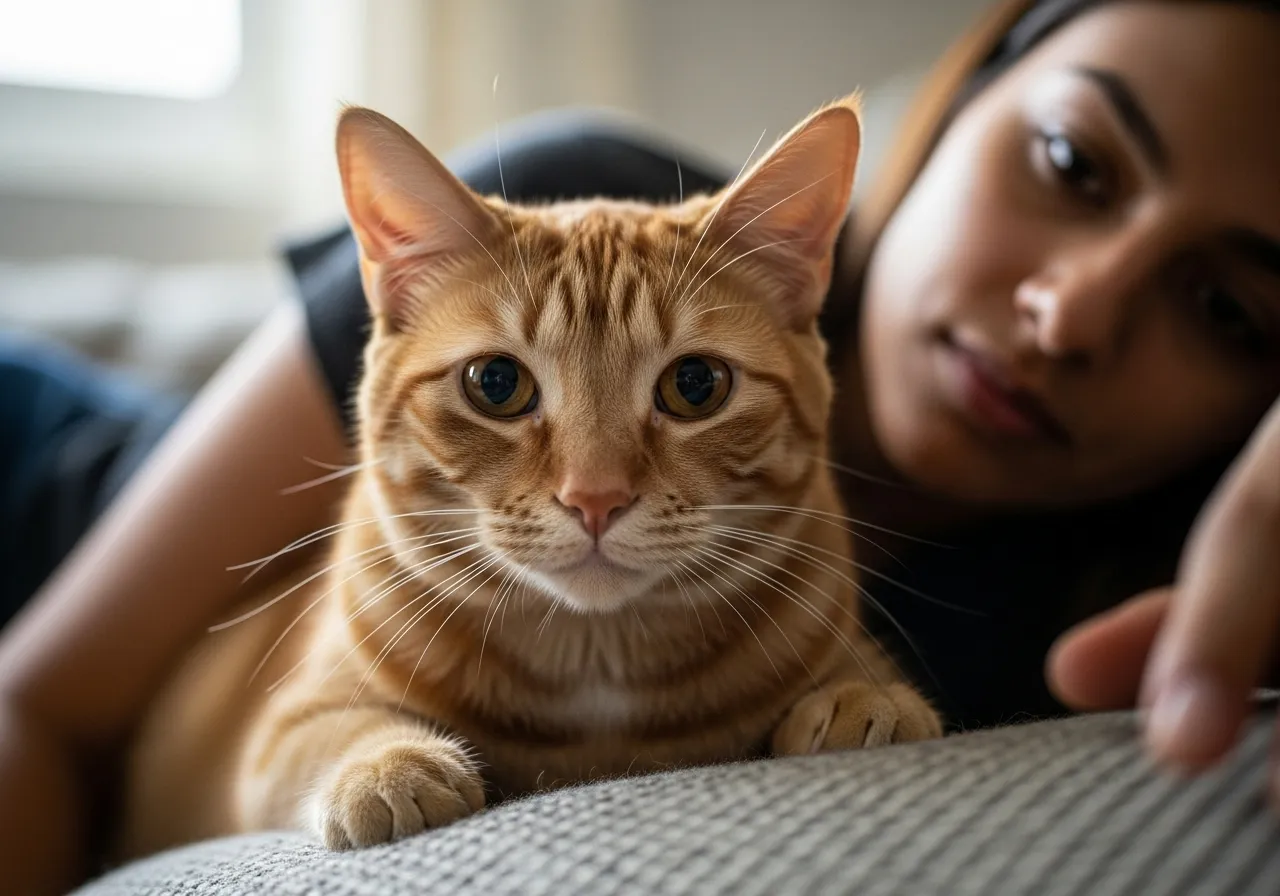 Worried cat close to owner on a sofa.