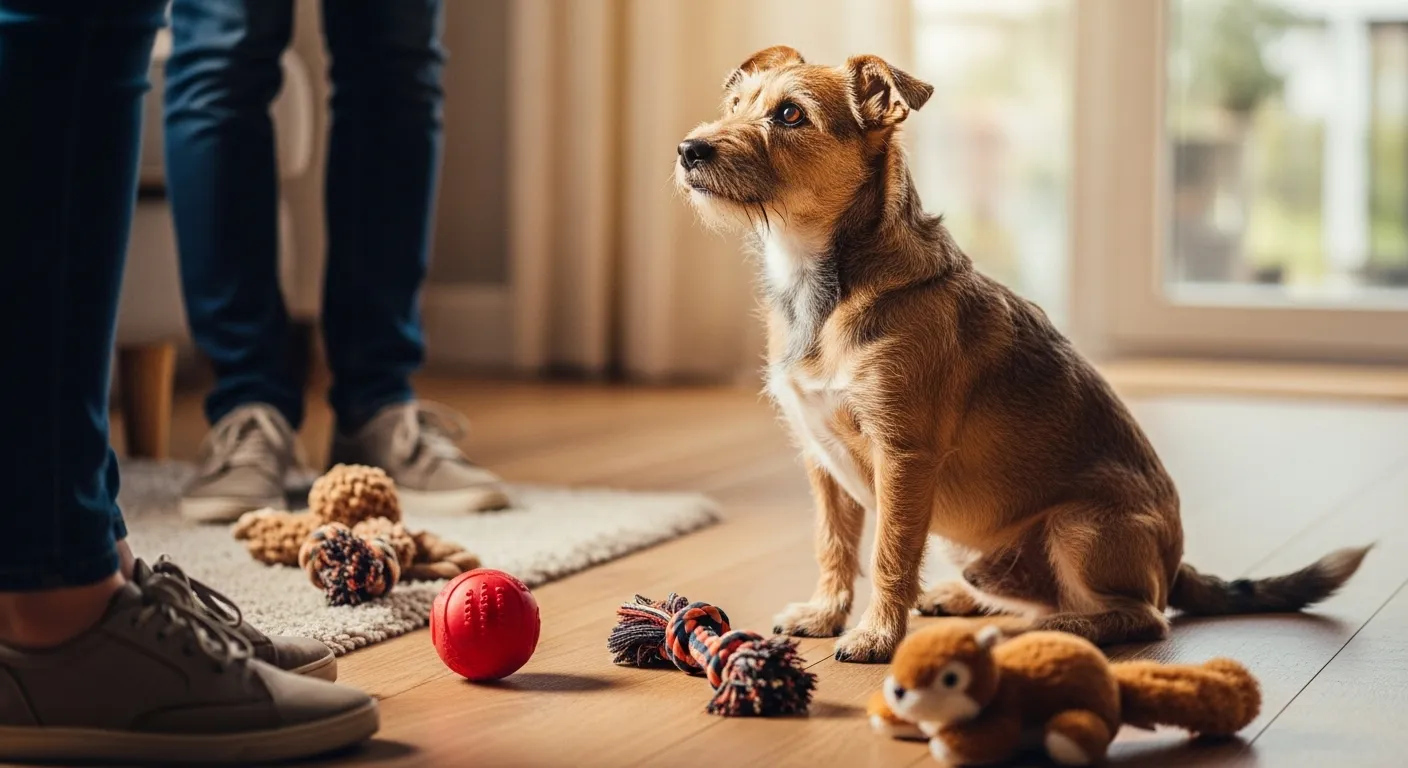 Small dog sits attentively by owner's feet, surrounded by toys.