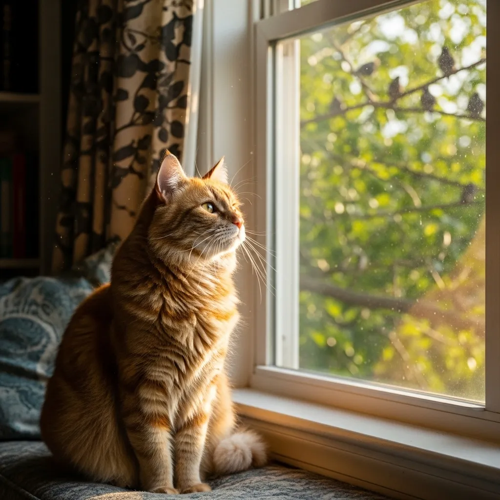 Senior cat enjoys birdwatching, demonstrating healthy independent activity.