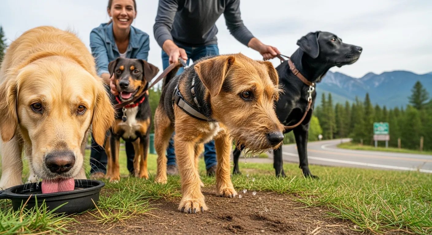 Dogs and owners at rest stop.