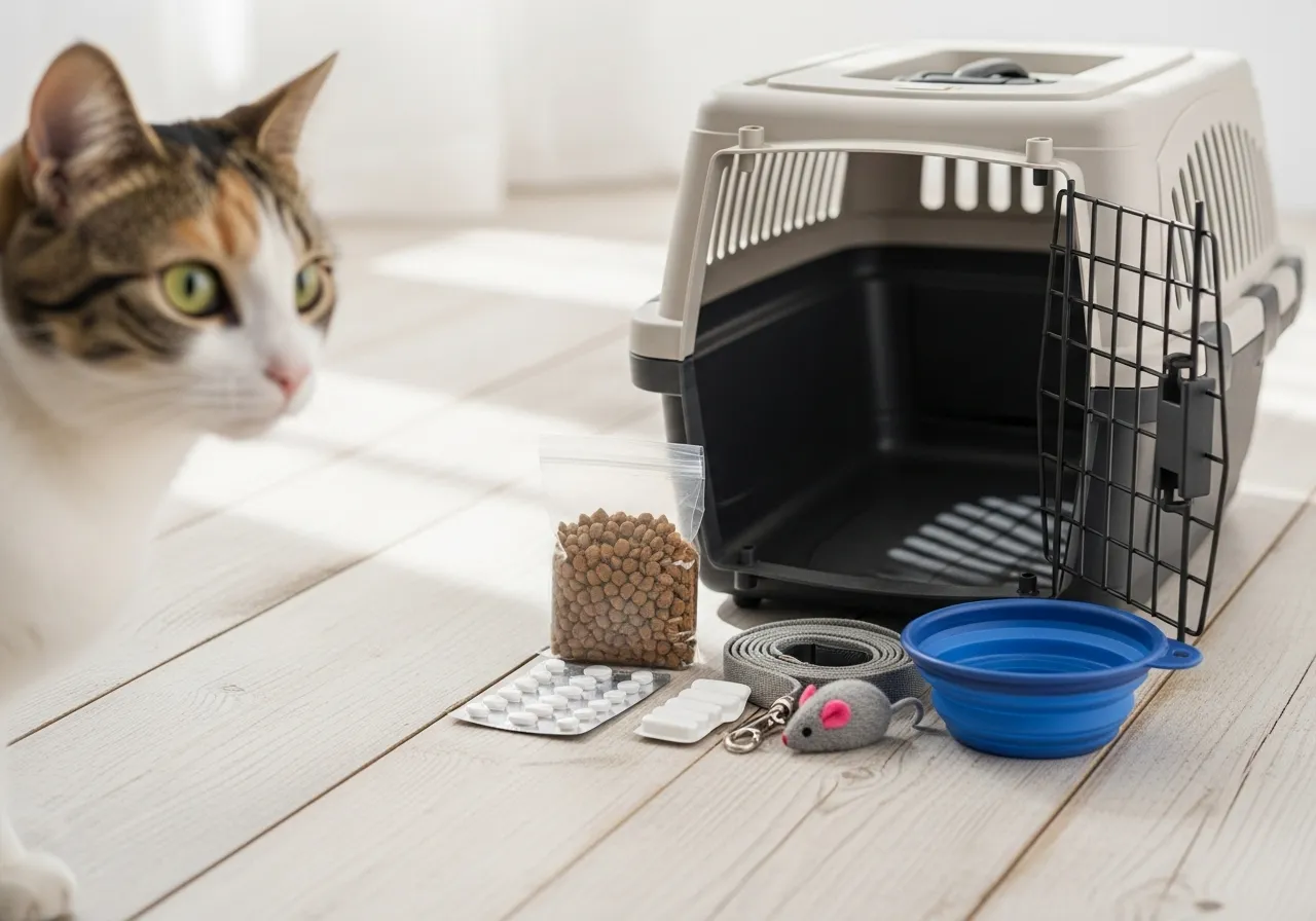 Cat carrier and travel essentials laid out.